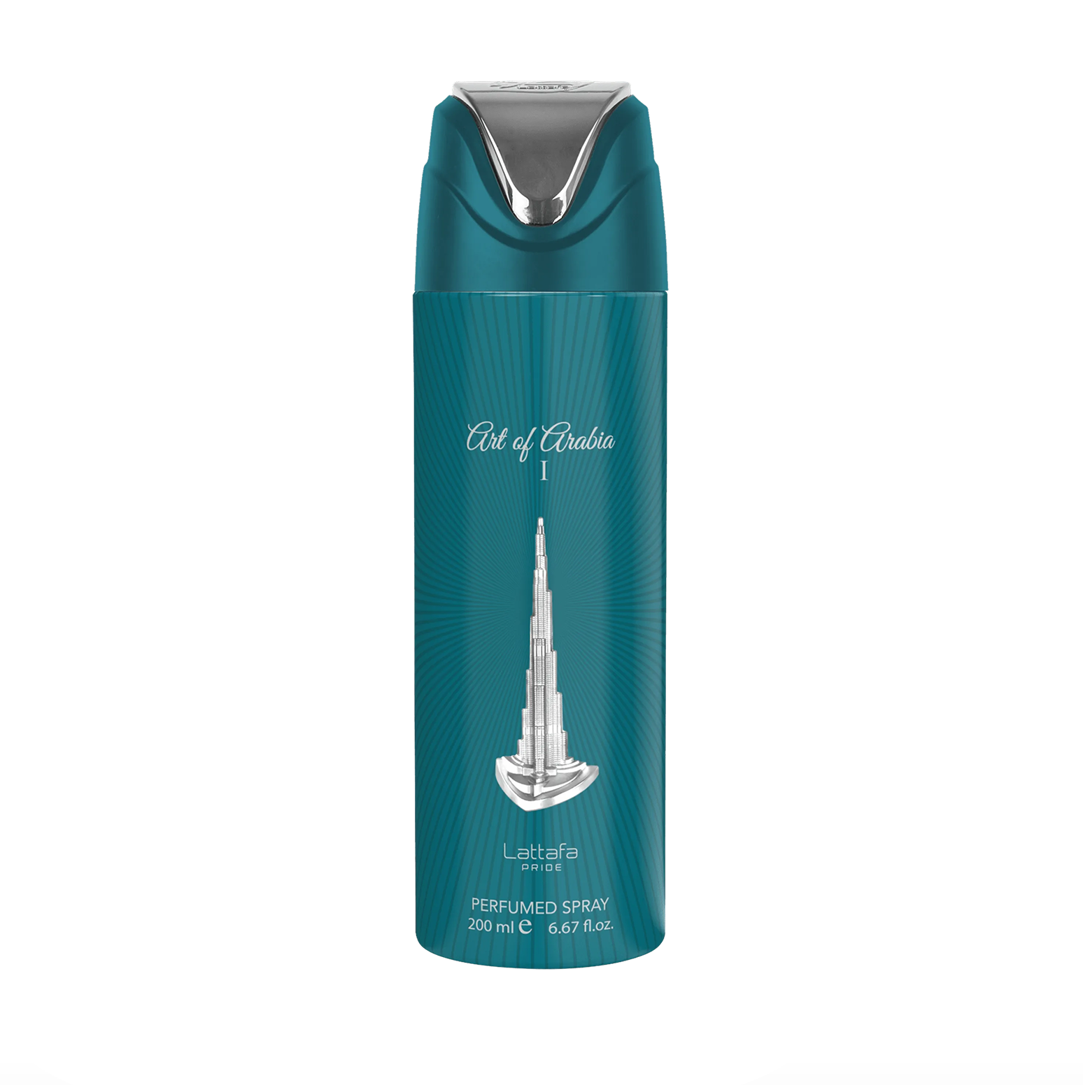 Fotografía de producto profesional del desodorante Lattafa Pride Art Of Arabia 1 (200 ml), en la que se resalta su elegante diseño y la marca premium y elegante de la colección Lattafa Pride sobre un fondo limpio y moderno.