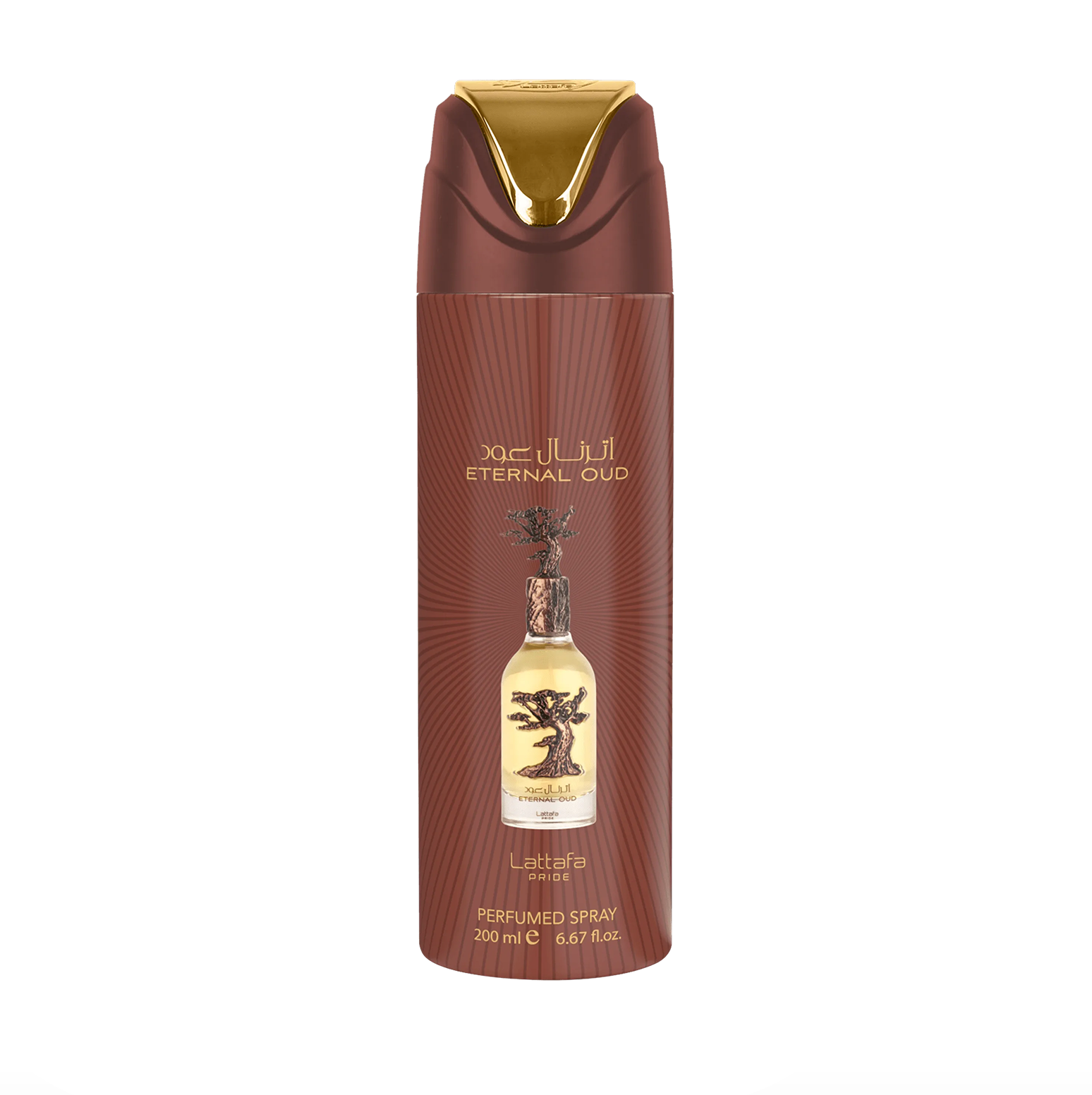 Fotografía de producto profesional del frasco de desodorante Lattafa Pride Eternal Oud (200 ml), que destaca su elegante diseño y la marca premium de la colección Lattafa Pride sobre un fondo limpio y moderno.