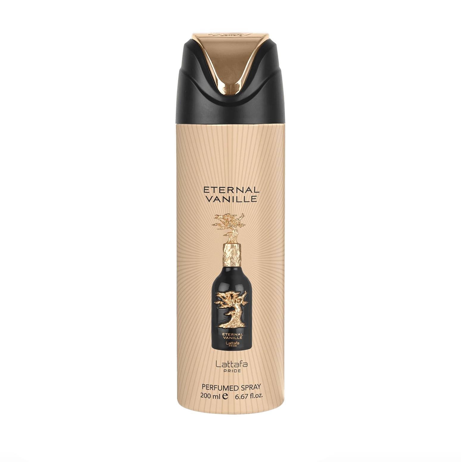 Fotografía de producto profesional del desodorante Lattafa Pride Eternal Vanille (200 ml), en la que se resalta su elegante diseño y la marca premium y elegante de la colección Lattafa Pride sobre un fondo limpio y moderno.