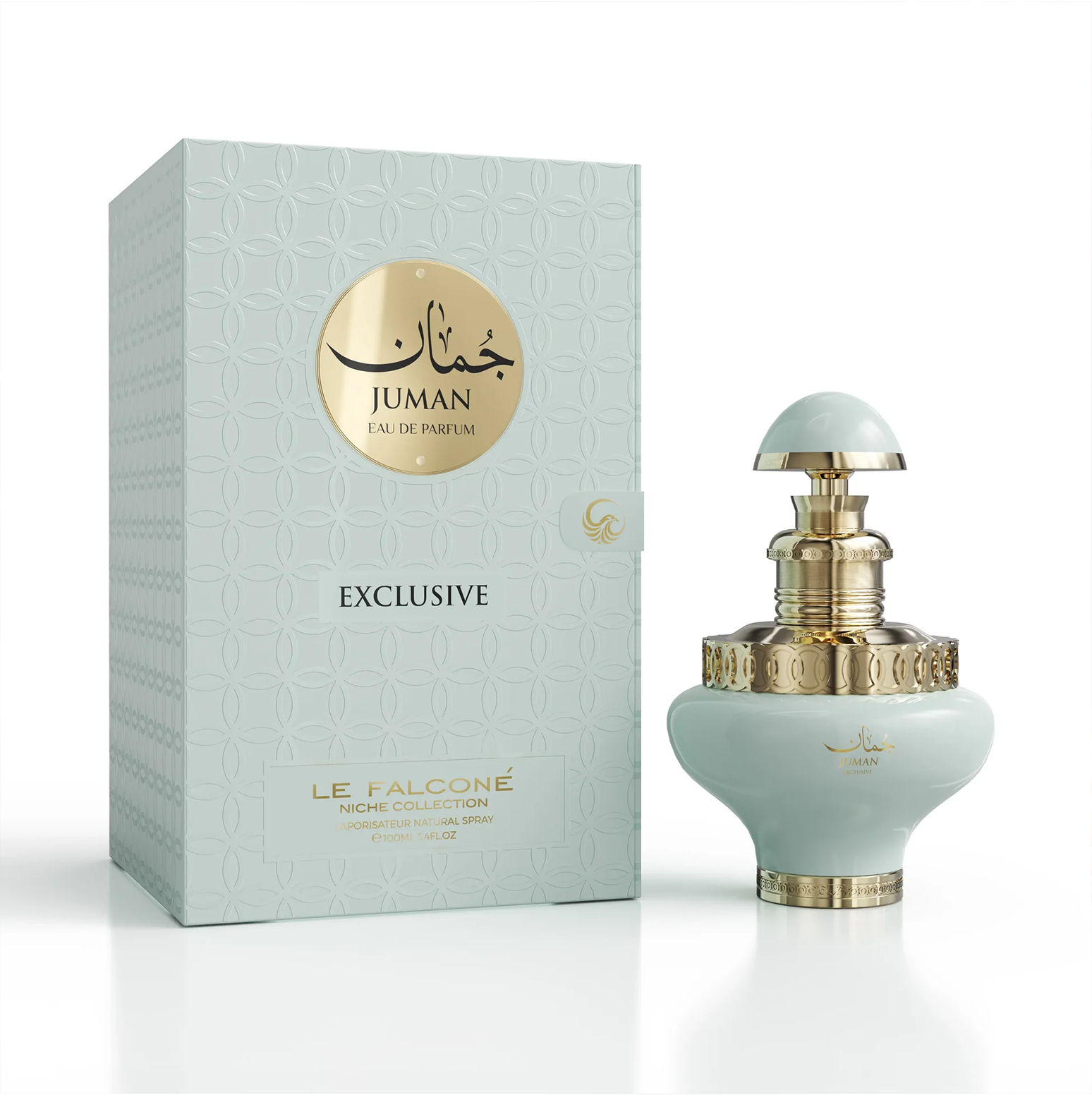 Una foto de producto de estudio del frasco de 100 ml de Juman Exclusive de color verde pálido con detalles dorados, junto a su caja de regalo a juego.