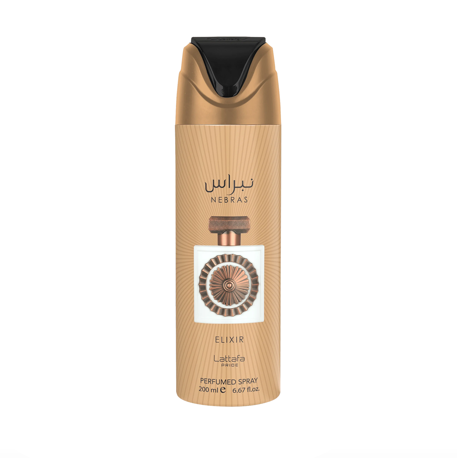Fotografía de producto profesional del frasco de desodorante Lattafa Pride Nebras Elixir (200 ml), en la que se destaca su estilizado diseño y la marca premium y elegante de la colección Lattafa Pride sobre un fondo limpio y moderno.