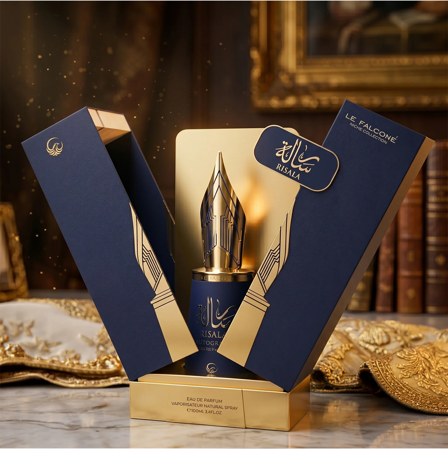 Un expositor de productos premium que muestra el frasco de 100 ml de Risala Autograph dentro de su característica caja de regalo azul y dorada inspirada en una pluma estilográfica sobre una superficie de mármol.