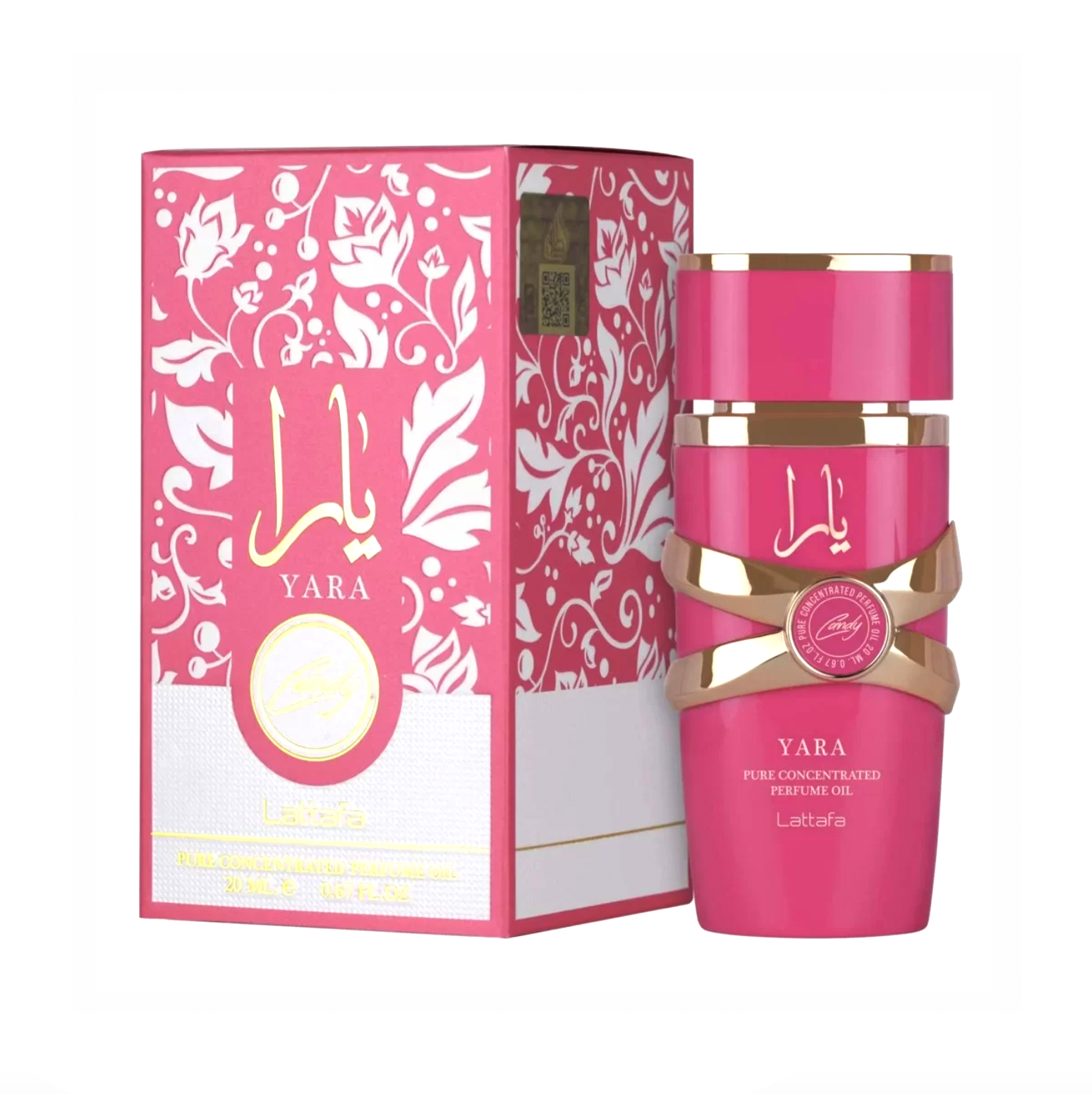 Una elegante foto de producto que muestra el frasco de aceite de perfume Lattafa Yara Candy junto con su lujoso envase a juego, destacando el diseño divertido y elegante de esta fragancia de moda.